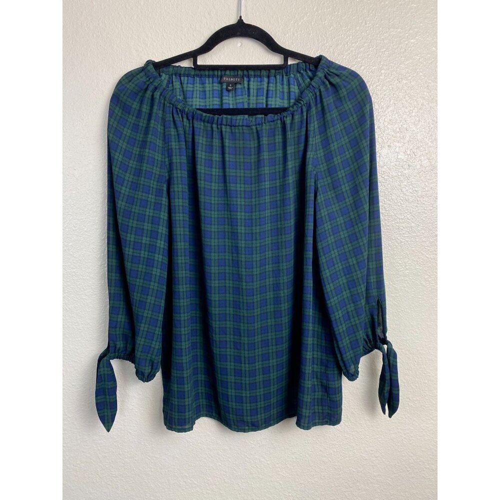Talbots Green Plaid Elastic Off Shoulder Long Sleeve Top Size Small Holiday